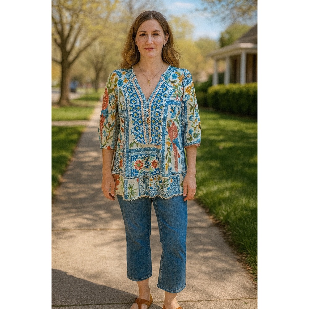 FARM Rio M Floral Parrot Print Lace Blouse Boho Cottagecore Beach Vacation Artsy